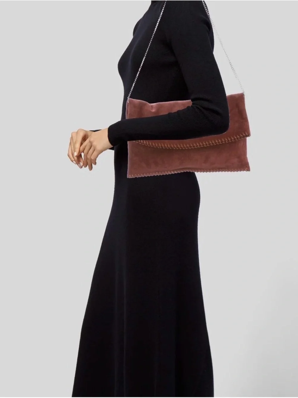 NWT All Saints Brandy/Brick Brown Suede Fold-Over Clutch with Chain Strap